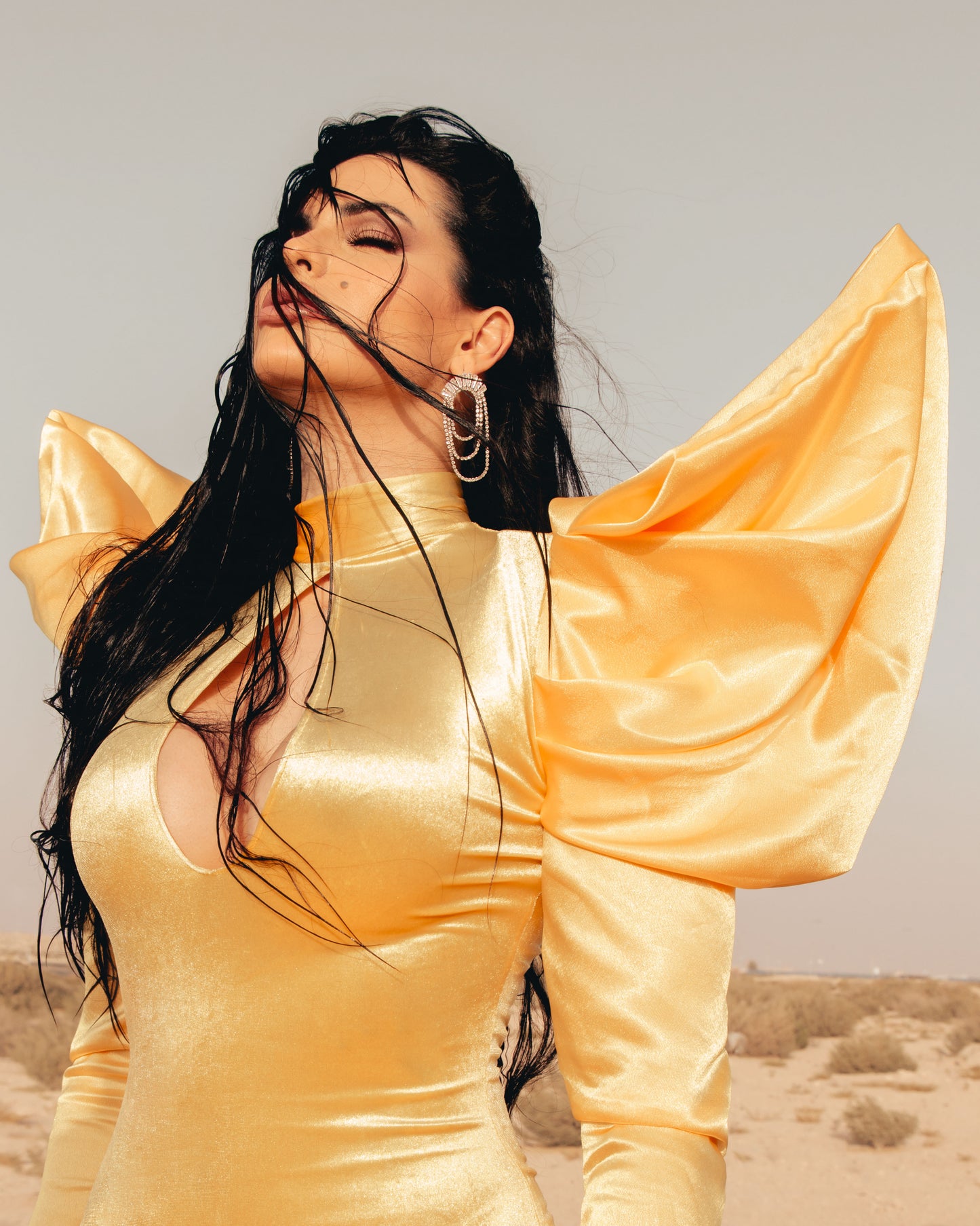 Golden Mirage Gown – Custom Yellow Couture Dress with Dramatic Sleeves & Train