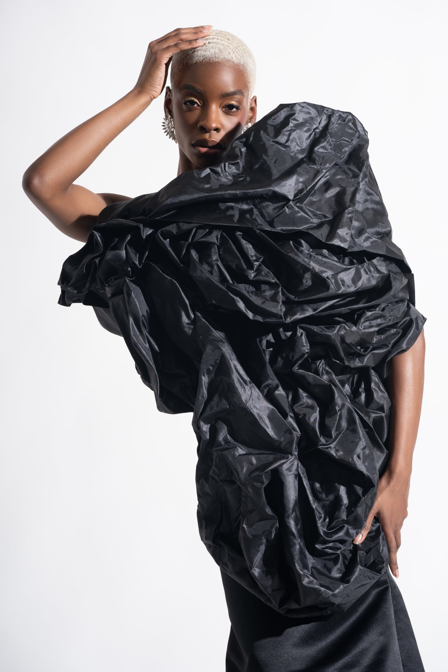 Midnight Bloom -Sculptural Black Couture Dress with Dramatic Ruching & Train
