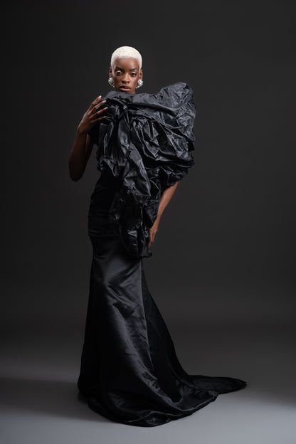 Midnight Bloom -Sculptural Black Couture Dress with Dramatic Ruching & Train