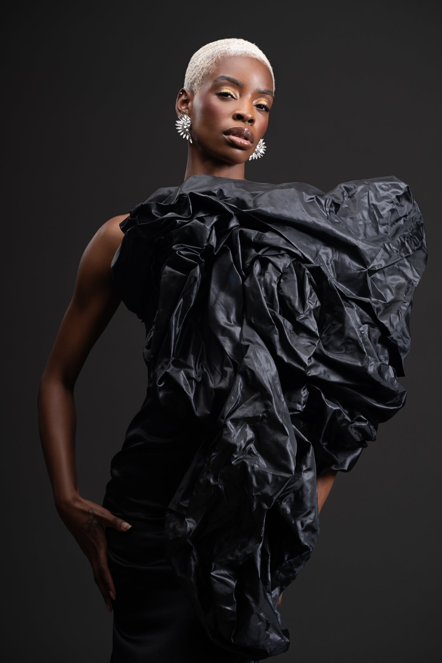 Midnight Bloom -Sculptural Black Couture Dress with Dramatic Ruching & Train