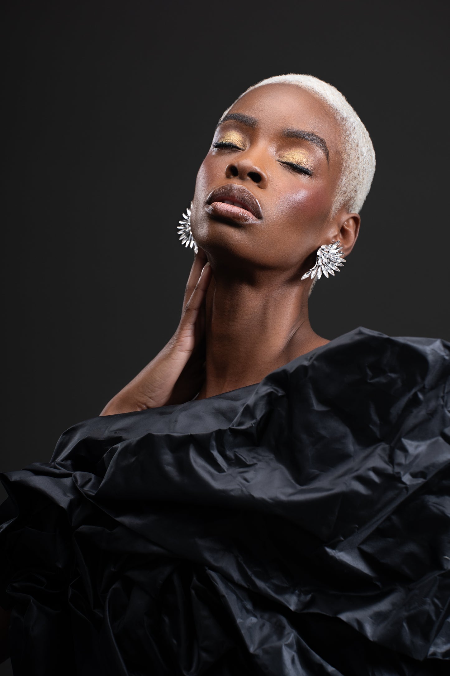 Midnight Bloom -Sculptural Black Couture Dress with Dramatic Ruching & Train