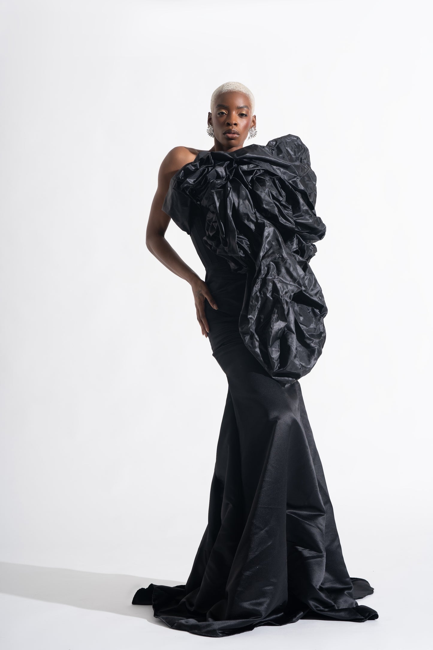 Midnight Bloom -Sculptural Black Couture Dress with Dramatic Ruching & Train