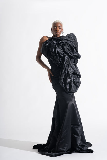 Midnight Bloom -Sculptural Black Couture Dress with Dramatic Ruching & Train