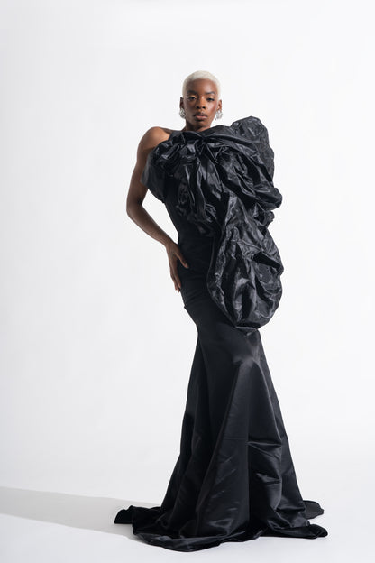 Midnight Bloom -Sculptural Black Couture Dress with Dramatic Ruching & Train
