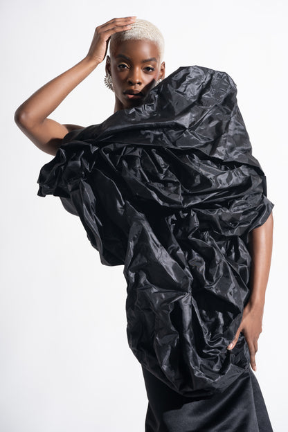 Midnight Bloom -Sculptural Black Couture Dress with Dramatic Ruching & Train